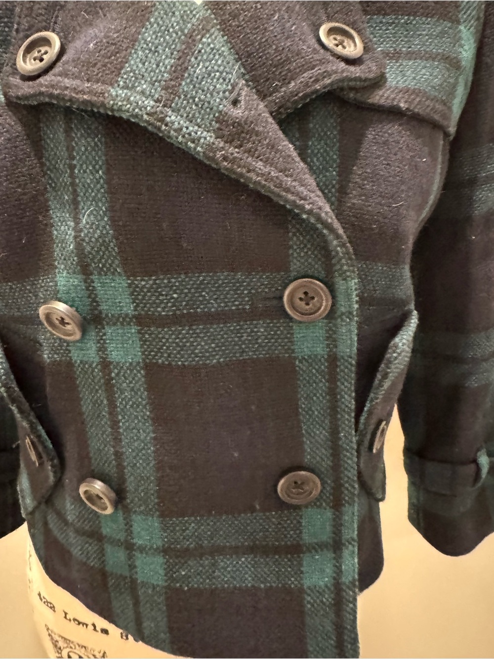 Rare Vtg J.Crew Wool Jacket Cropped Green Black Watch Plaid Peacoat 89712 sz 0 - Picture 3 of 12